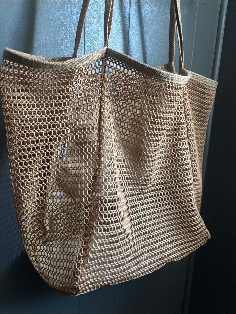 Mesh Beach Summer Tote Bag in Tan - Lightweight Everyday Carry - Picture 2 of 6